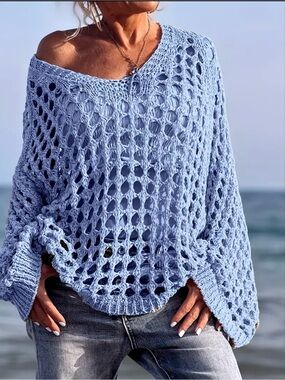 NWOT Crochet Off-Shoulder Sweater in Periwinkle, Multiple Sizes